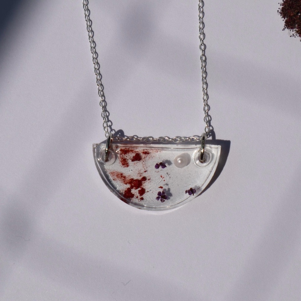 Proverbs 31 Bible Verse semicircle silver necklace with flowers and pearl resin